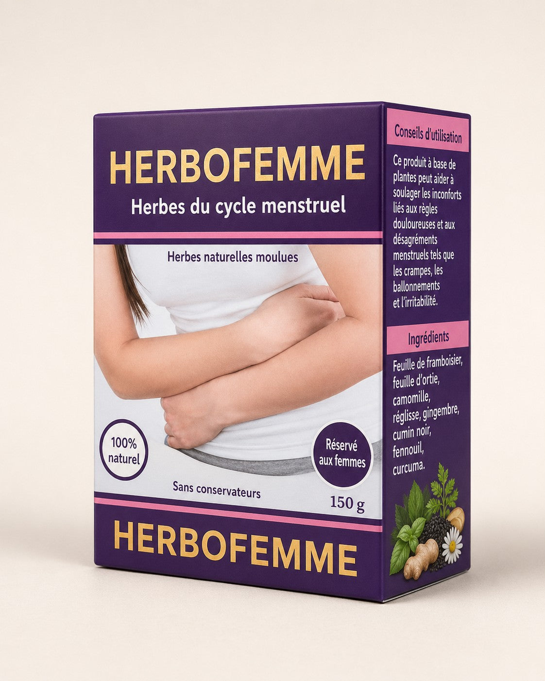 HERBOFEMME™ — Infusion aux 5 plantes traditionnelles pour le confort menstruel, la transition ménopausique et l'harmonie du corps féminin